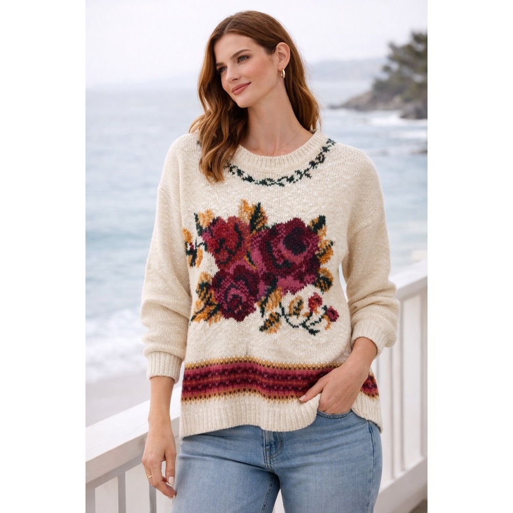 Reference Point Petite Vintage Floral Rose Ramie Cotton Knit Sweater Small Cream
